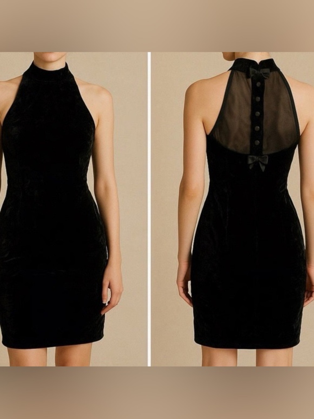 Donna Ricco Black Velvet Halter Mini Dress with Sheer Back